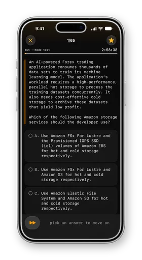 A test-mode question with a countdown clock and multiple-choice answers